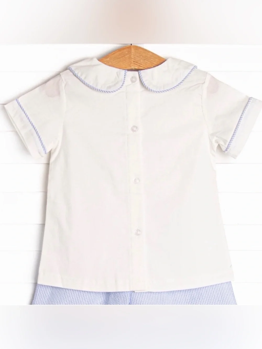 Petit Bebe White Peter Pan Collar Shirt with Blue and White Gingham Trim
